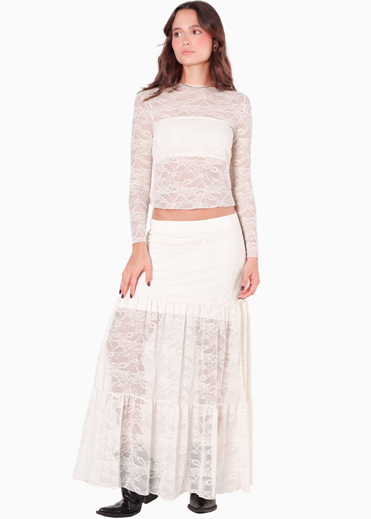 Blusa manga larga en blonda con top interno color blanco, marfil para mujer - Flashy