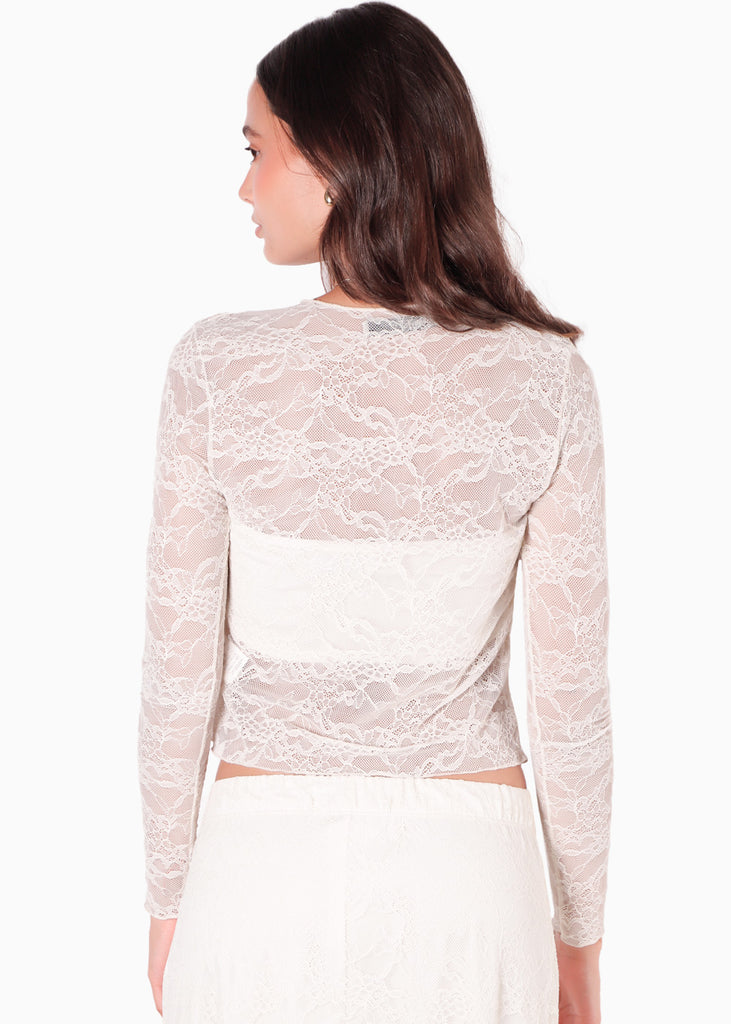 Blusa manga larga en blonda con top interno color blanco, marfil para mujer - Flashy