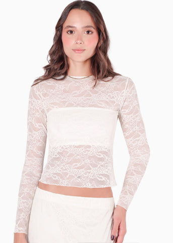 Blusa manga larga en blonda con top interno color blanco, marfil para mujer - Flashy