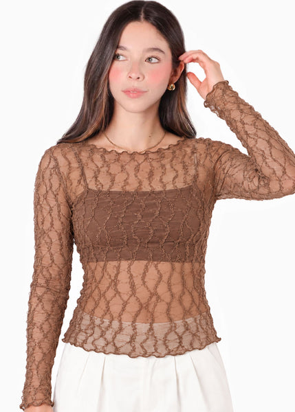 Blusa manga larga en encaje con escote tipo barco - ROMERO