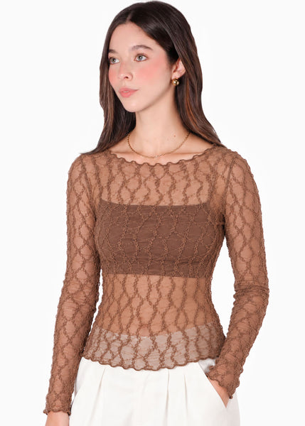 Blusa manga larga en encaje con escote tipo barco - ROMERO