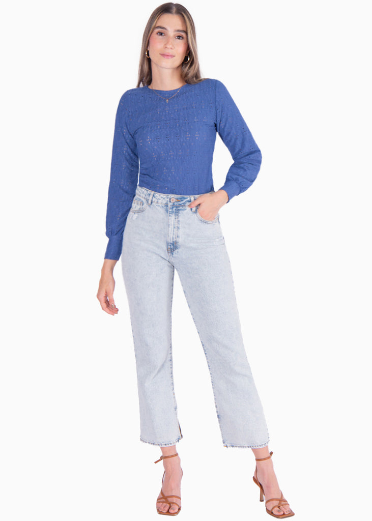Blusa manga larga en ojalillo y mangas englobadas color azul para mujer - Flashy