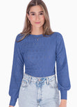 Blusa manga larga en ojalillo y mangas englobadas color azul para mujer - Flashy