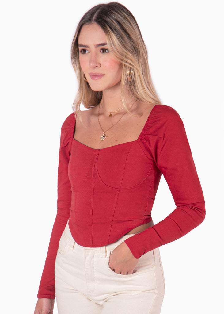 Blusa manga larga tipo corset color rojo para mujer - Flashy
