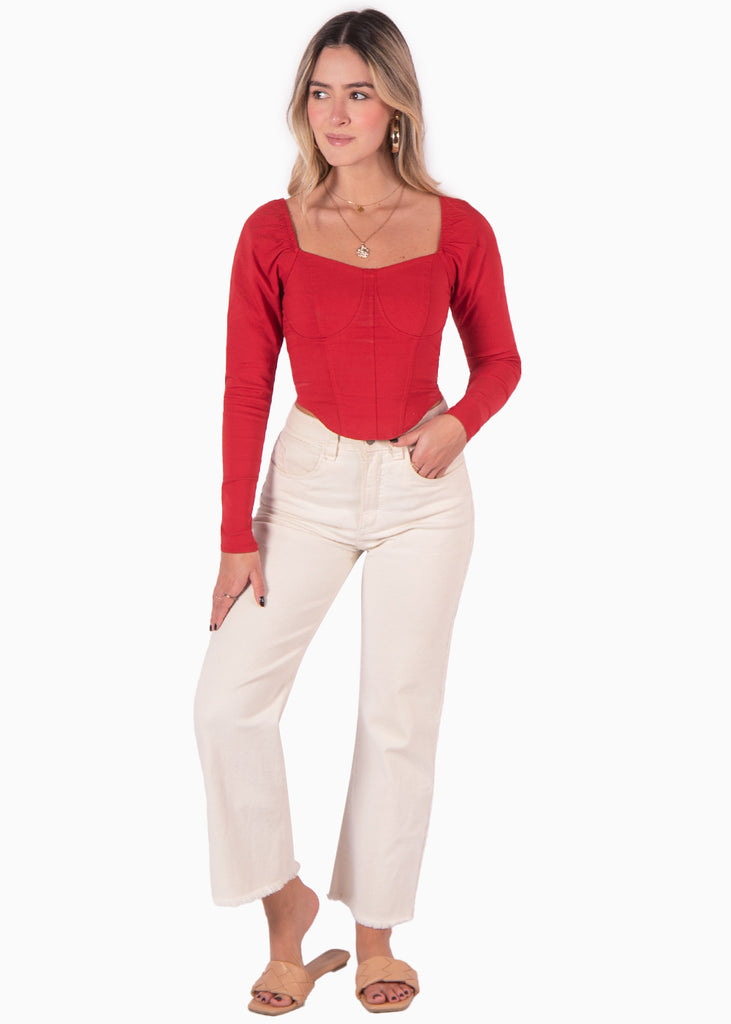 Blusa manga larga tipo corset color rojo para mujer - Flashy