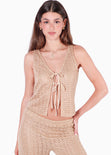 Blusa sin mangas con anudado en frente y abertura color dorado para mujer - Flashy