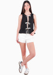 Blusa sin mangas con anudados en contraste en frente y bolero color negro para mujer - Flashy