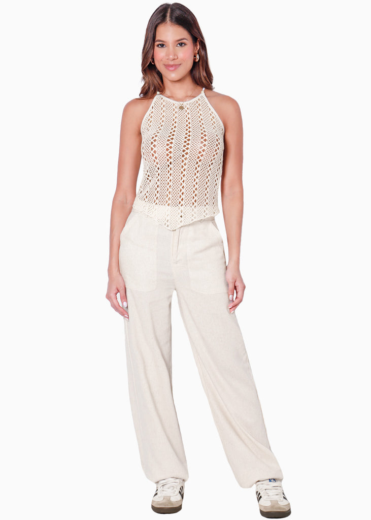 Blusa sin mangas con cuello halter y tela tipo crochet color beige para mujer - Flashy