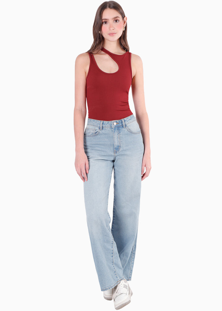 Blusa sin mangas con cut out en escote color vino para mujer - Flashy