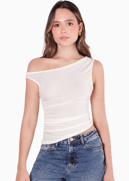 Blusa sin mangas con escote asimétrico color blanco, marfil para mujer - Flashy