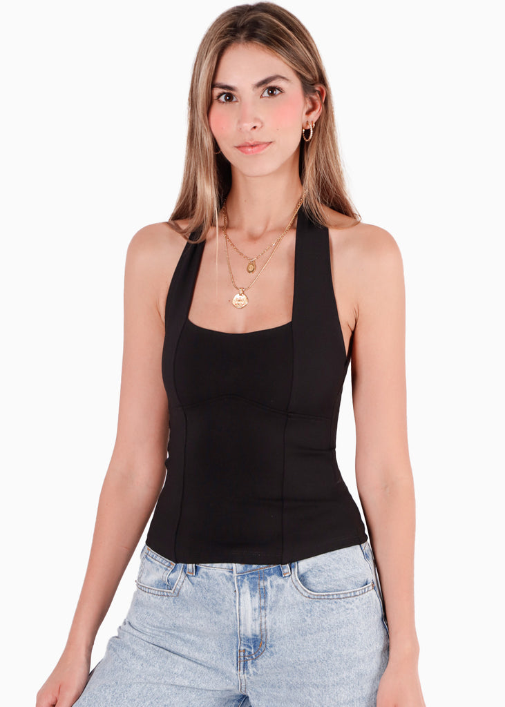 Blusa sin mangas con escote halter y tipo corset color negro para mujer - Flashy