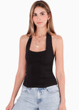 Blusa sin mangas con escote halter y tipo corset color negro para mujer - Flashy