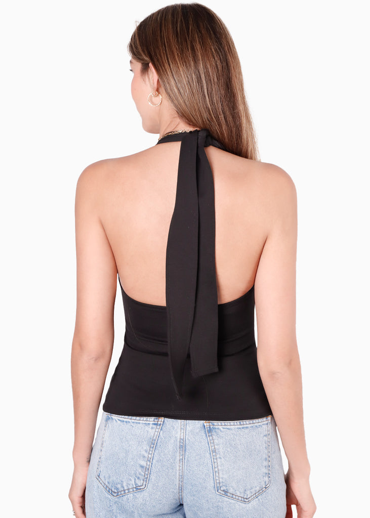 Blusa sin mangas con escote halter y tipo corset color negro para mujer - Flashy