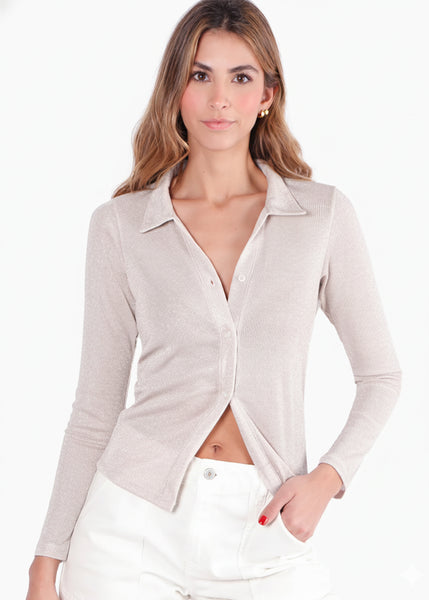 Blusa manga larga con efecto brillo de botones y cuello - ALICIA