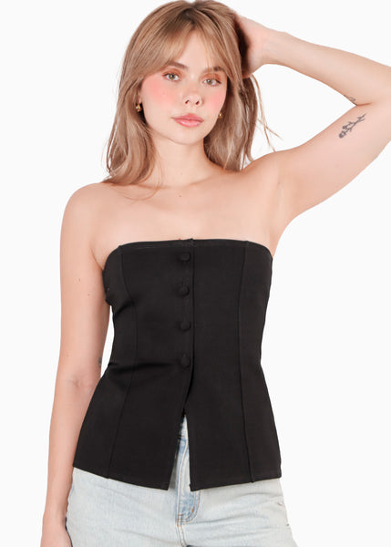 Blusa strapless con botones color negro para mujer - Flashy