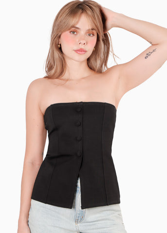 Blusa strapless con botones color negro para mujer - Flashy