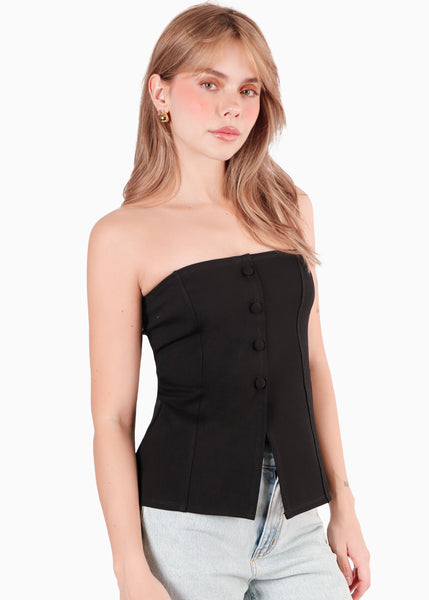 Blusa strapless con botones color negro para mujer - Flashy