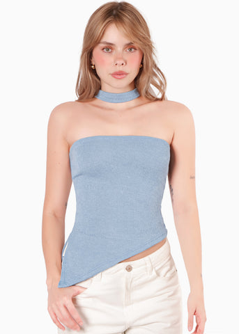 Blusa strapless con choker y abertura en costado color azul para mujer - Flashy