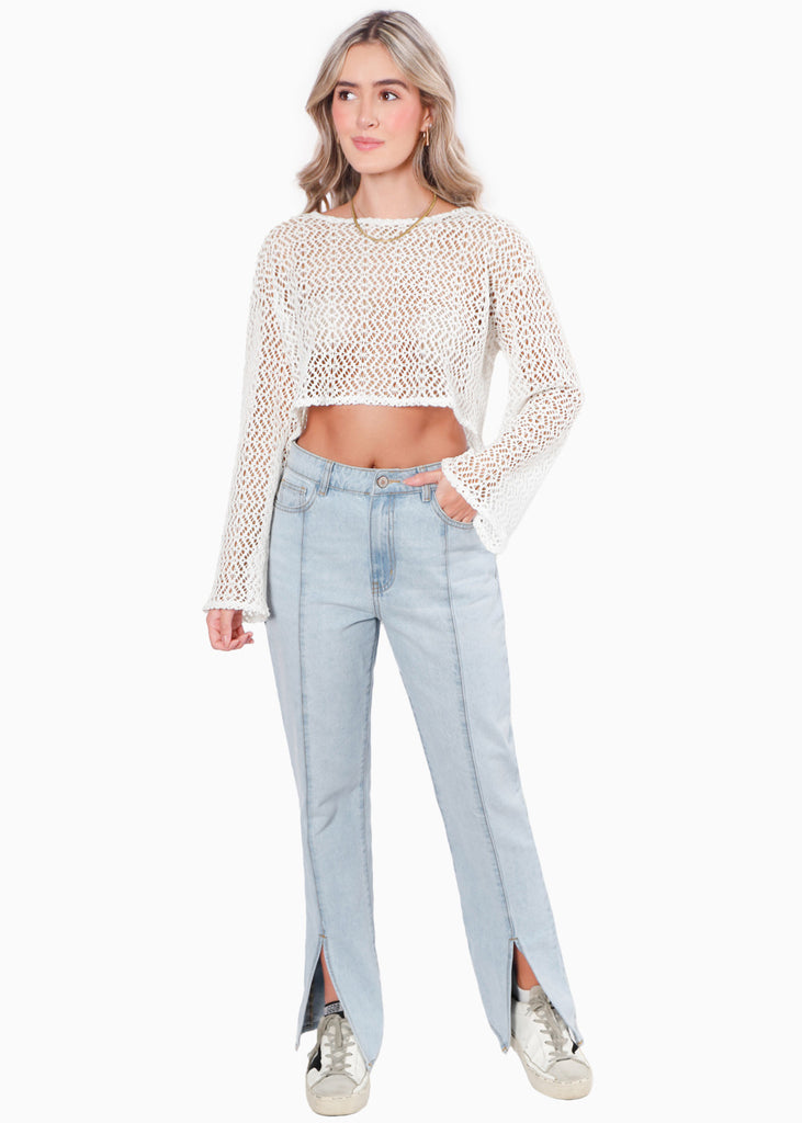 Blusa tejida de malla manga larga color blanco, marfil para mujer - Flashy