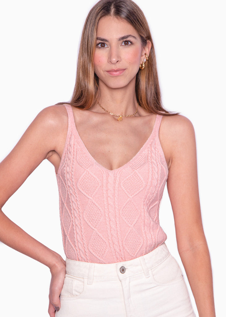 Blusa tejida de tiras con escote en v color rosado para mujer - Flashy