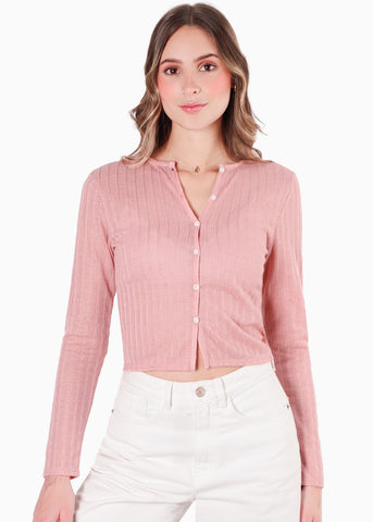 Blusa tipo cardigan con perilla y botones color rosado para mujer - Flashy