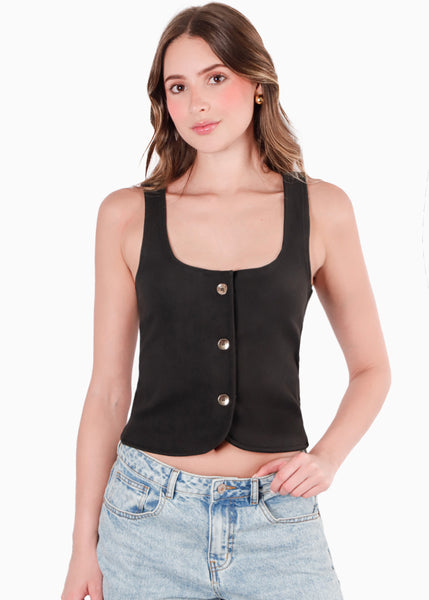 Blusa tipo chaleco con botones dorados color negro para mujer - Flashy