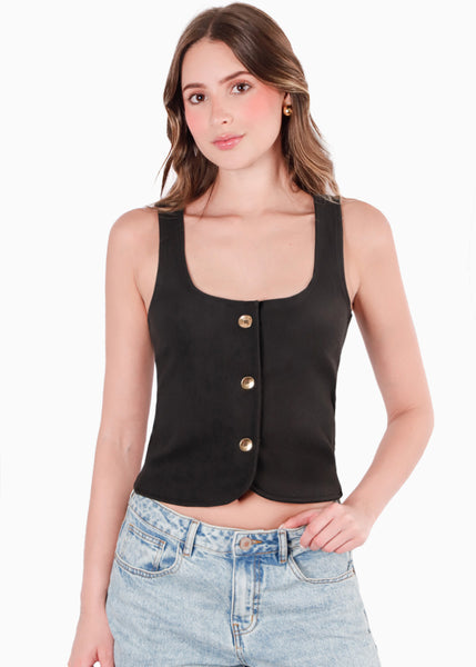 Blusa tipo chaleco con botones dorados color negro para mujer - Flashy