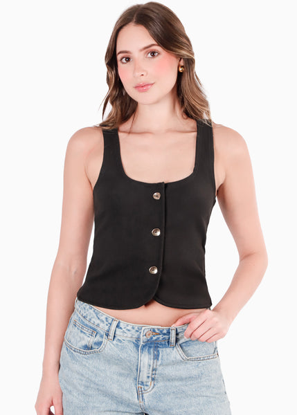 Blusa tipo chaleco con botones dorados color negro para mujer - Flashy