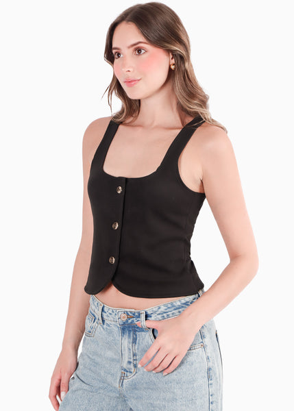 Blusa tipo chaleco con botones dorados color negro para mujer - Flashy
