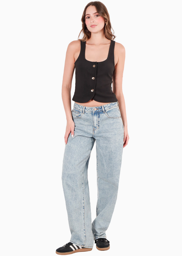 Blusa tipo chaleco con botones dorados color negro para mujer - Flashy