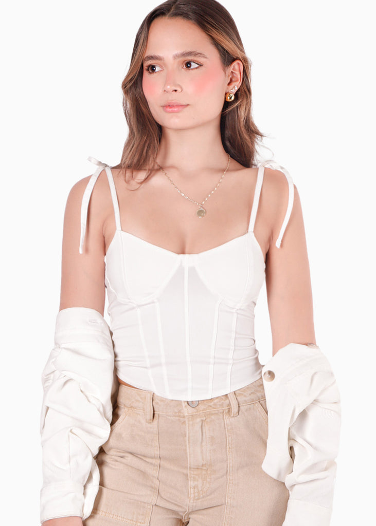Blusa tipo corset con cargaderas anudadas color blanco, marfil para mujer - Flashy
