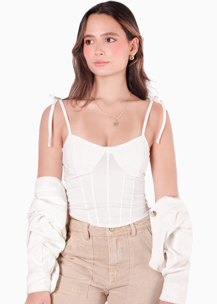 Blusa tipo corset con cargaderas anudadas color blanco, marfil para mujer - Flashy