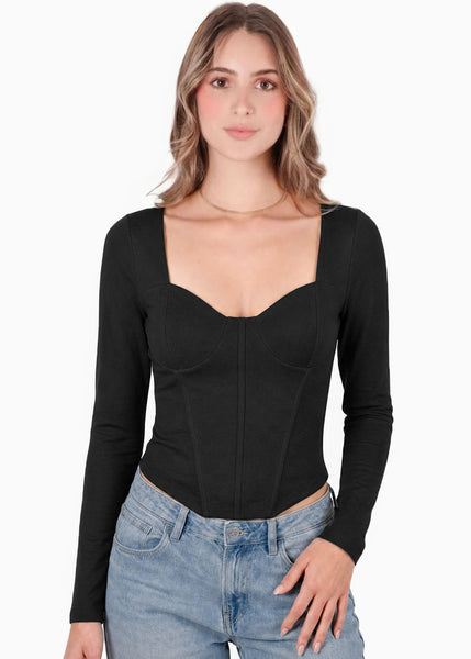 Blusa tipo corset manga larga - HADARA.NEGRO