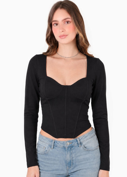 Blusa tipo corset manga larga - HADARA.NEGRO