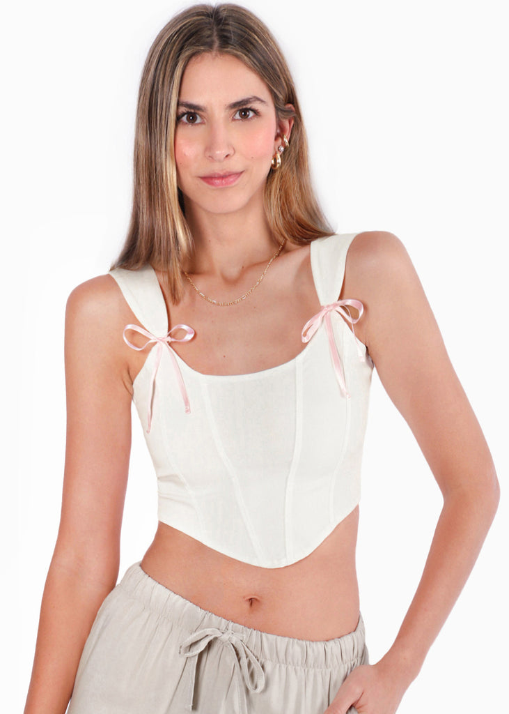 Blusa tipo corset sin mangas y con anudados en cargaderas color blanco, marfil para mujer - Flashy