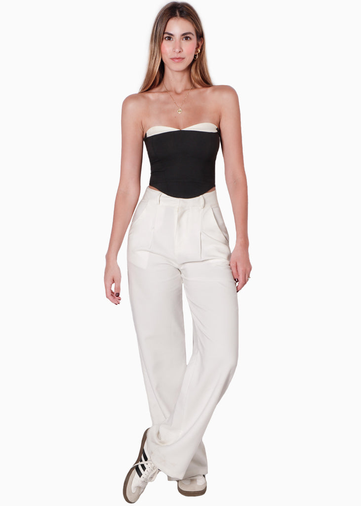 Blusa tipo corset strapless con copas en contraste color negro para mujer - Flashy