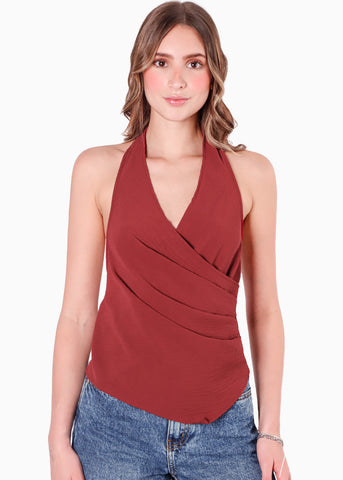 Blusa tipo halter con drapeado color negro para mujer - Flashy