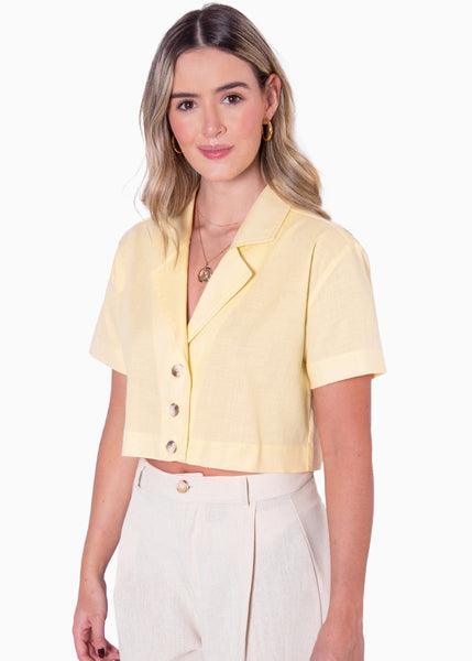 Blusa tipo sastre de lino manga corta con cuello y botones - PERSIA