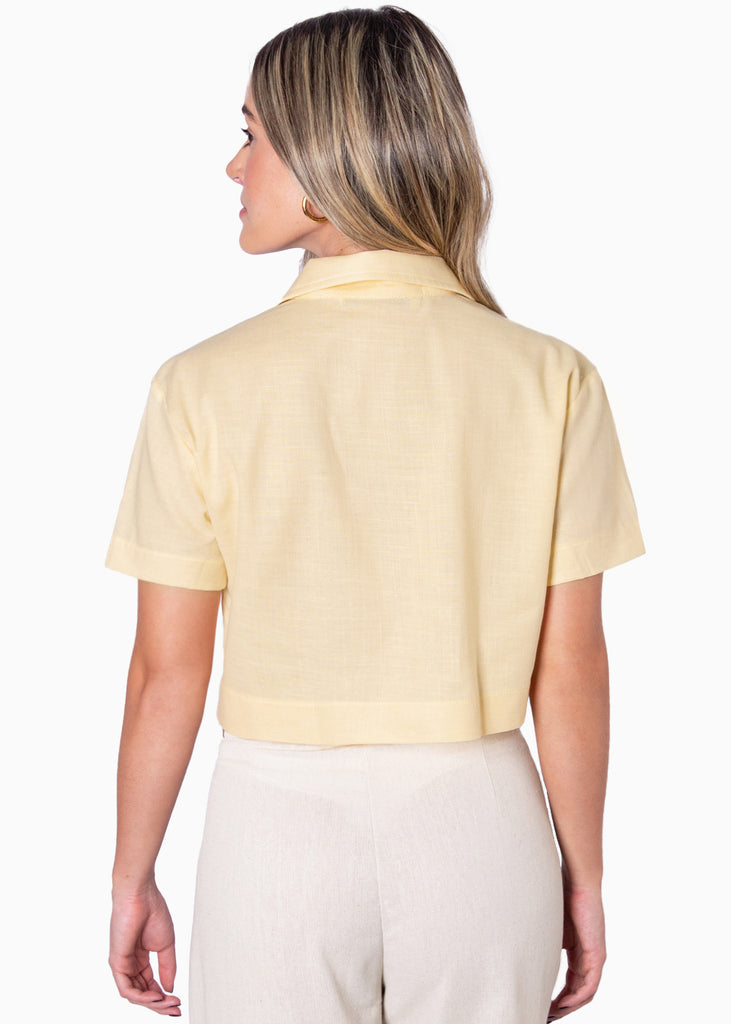 Blusa tipo sastre de lino manga corta con cuello y botones  para mujer - Flashy