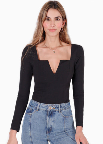 Body con escote en v y mangas largas color negro para mujer - Flashy
