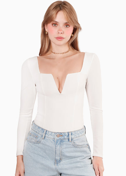 Body con escote en v y mangas largas color blanco, marfil para mujer - Flashy