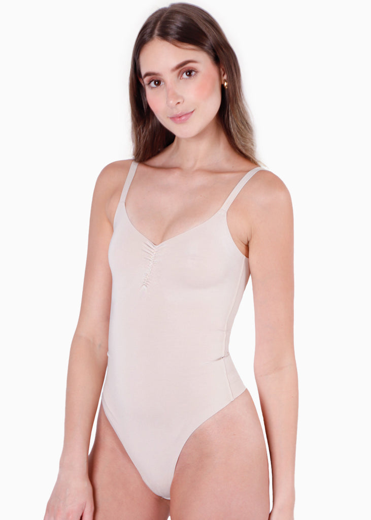 Body de tiras moldeador con control de abdomen color beige para mujer - Flashy