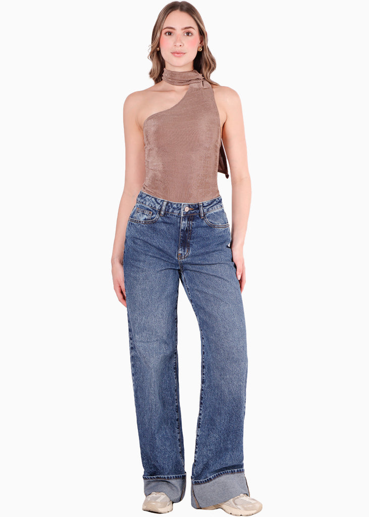 Body de un solo hombro con gargantilla color beige para mujer - Flashy
