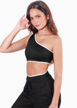 Body de un solo hombro con sesgos y abertura en costado color blanco, negro para mujer - Flashy
