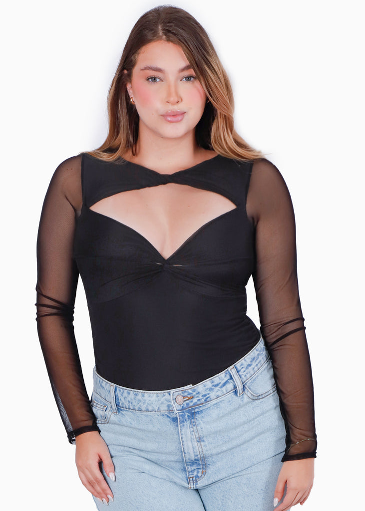 Body manga larga con entorchado en frente y en copa - CANNES.NEGRO