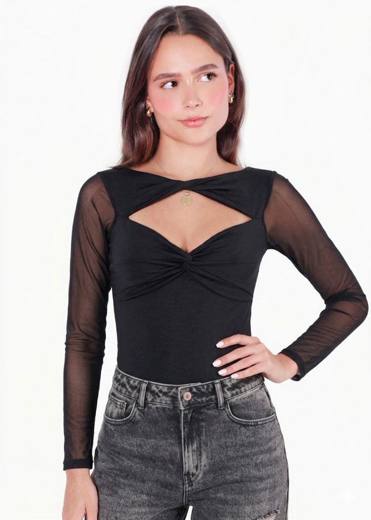 Body manga larga con entorchado en frente y en copa - CANNES.NEGRO