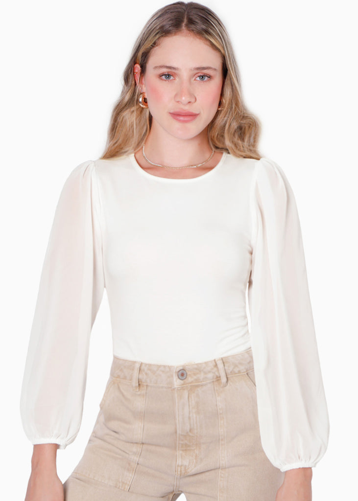 Body manga larga con transparencia en mangas color blanco, marfil para mujer - Flashy