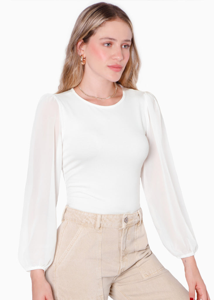 Body manga larga con transparencia en mangas color blanco, marfil para mujer - Flashy