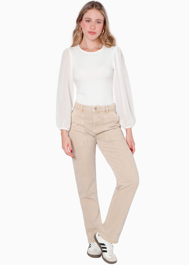 Body manga larga con transparencia en mangas color blanco, marfil para mujer - Flashy