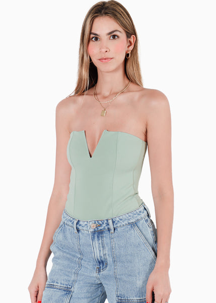 Body strapless tipo corset con escote en v color verde para mujer - Flashy